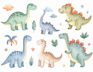 Collection of cute dinosaurs. Hand drawn cartoon brontosaurus, tyrannosaurus,