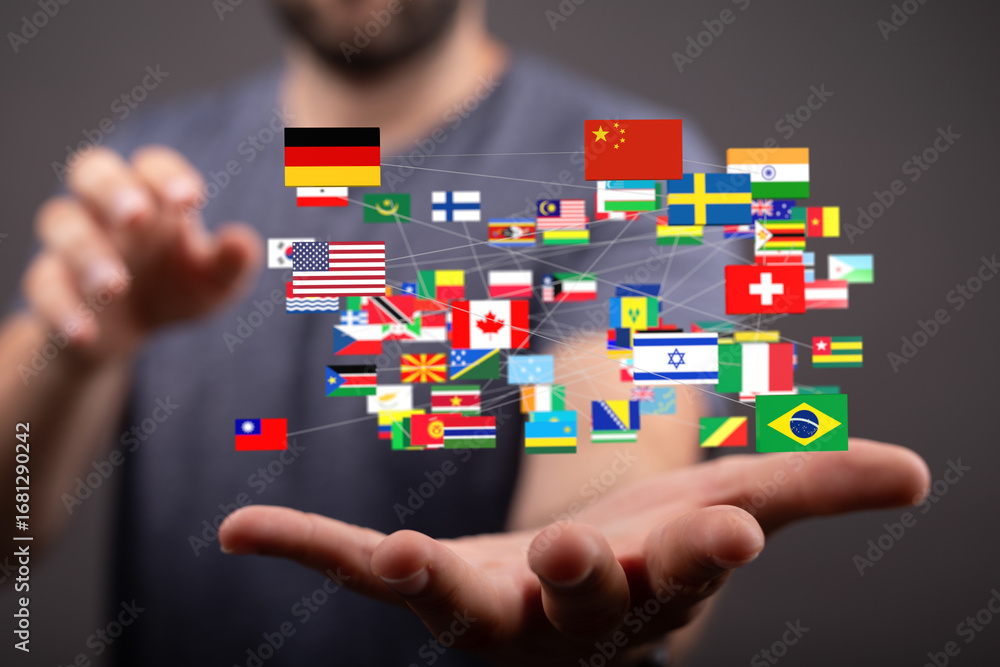Poster image of hands holding a network of interconnected flags representing global connections and interna