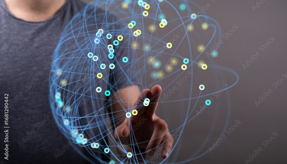 Poster person interacting with a digital global network, representing connection and data.