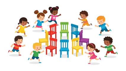 Joyful Game: A vibrant illustration of children playing musical chairs, where a group of diverse kids compete for a limited number of colorful chairs, capturing the fun of the game