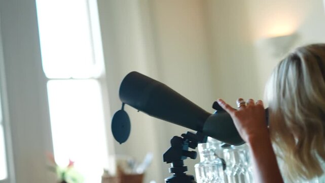 A woman is looking through a telescope. The telescope is on a tripod and is pointed at a group of glasses