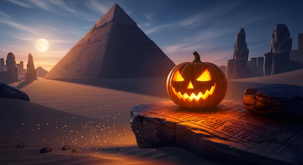 Spooky jack o lantern halloween pumpkin glowing in desert landscape with pyramids at dusk