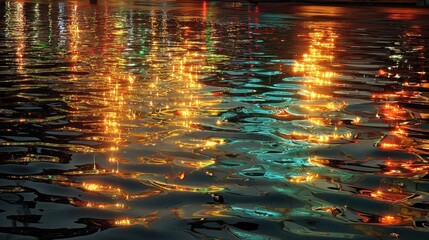 Rippled water reflecting vibrant city lights at night