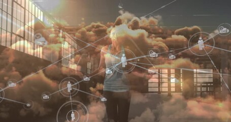 Animation of network of connections over fit caucsaian woman with jumping rope and clouds