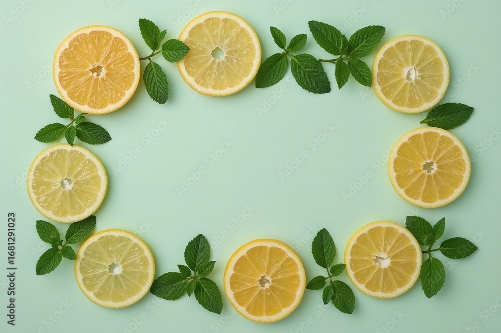 Poster overhead view of citrus fruit slices and fresh mint leaves arranged on a vintage pastel green backdr