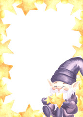 Cute gnome and gold stars watercolor frame illustration. Hand drawn isolated vertical border with magic elf for baby design. Template postcard with copy space in cozy style for childrens theme.