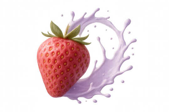 Ripe strawberry blending into swirling creamy yogurt, generating dynamic dairy fusion against transparent backdrop