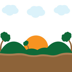 Fototapeta premium Sunrise over rolling hills with trees and clouds, flat landscape scenery