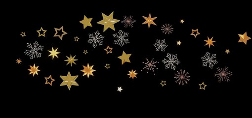 Beautiful winter design with golden stars and snowflakes on a black background. Perfect for Christmas cards, websites, or social media.