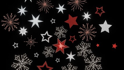 Festive winter background with red and white stars and snowflakes on black. Perfect for Christmas or holiday designs.