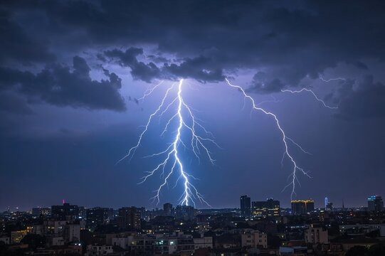 Electric storm illuminating urban skyline