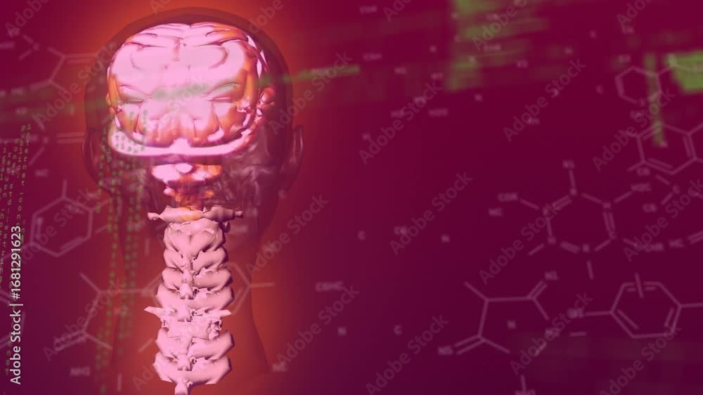 Poster animation of chemical formulas and data processing on burgundy background