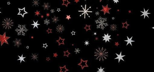 Festive holiday background with red and white stars and snowflakes on a black background. Perfect for Christmas or winter themes.