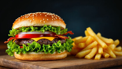 Close-up hamburger with fries on wooden board, dark background.
