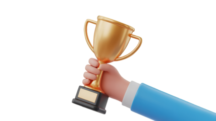 Hand holding a golden trophy isolated on transparent background, symbolizing success