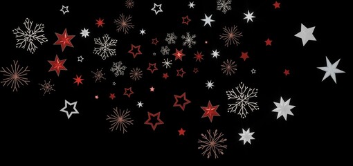 Festive winter background with red and white stars and snowflakes on a black background. Perfect for Christmas and New Year's designs.