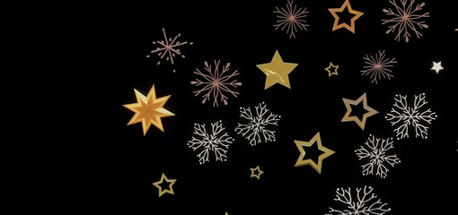 Elegant winter design with gold stars and snowflakes on a black background. Perfect for holidays.