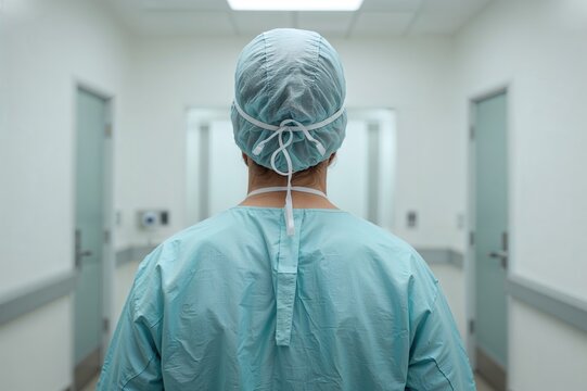 Healthcare professional in disposable protective gown and face mask, face not shown