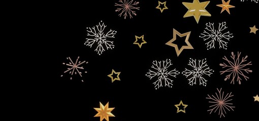 Perfect for holiday cards, winter backgrounds, and festive designs. Features gold stars and snowflakes on a black background.