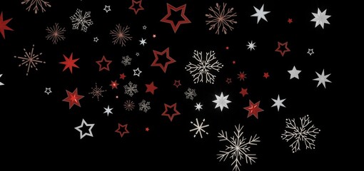 Festive holiday background with red and white stars and snowflakes on a black background. Perfect for Christmas or winter designs.