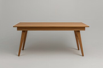 Oak wood desk mockup featuring dark brown legs in a light gray studio setting