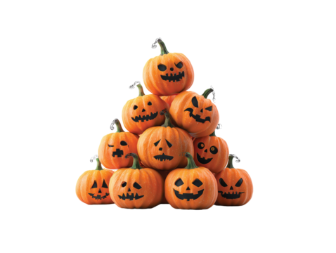 Halloween Pumpkin Pile with Scary and Funny Faces isolated on transparent White background png