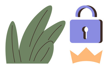 Green leaves, locked purple padlock, and yellow crown evoke natural growth, protection, royalty. Ideal for security, eco-concepts, digital privacy, leadership empowerment branding simple landing