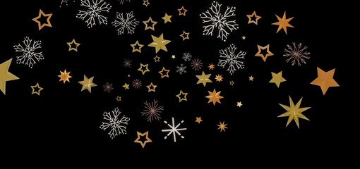 Elegant winter design with gold stars and snowflakes on black. Perfect for holidays, celebrations, and winter themes.
