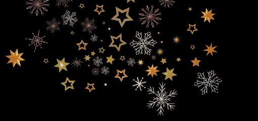 Beautiful winter holiday background with gold stars and snowflakes on black. Perfect for cards, websites, and more!