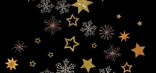 Festive winter design with gold stars and snowflakes on black background. Perfect for holidays.