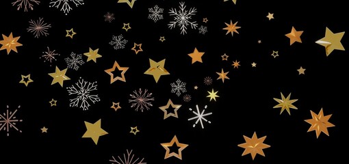 Beautiful festive background with gold stars and snowflakes on black. Perfect for Christmas, New Year, and winter holidays.