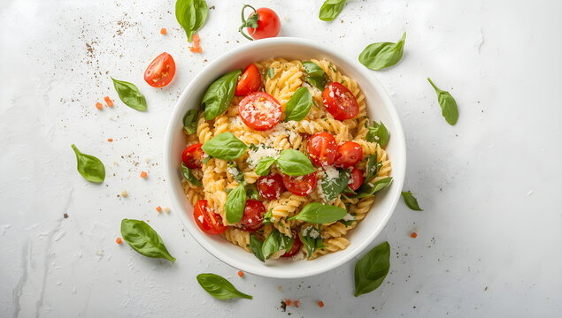 Bright and fresh top-down view of an Italian pasta salad with cherry tomatoes, basil, and parmesan cheese in a white bowl
