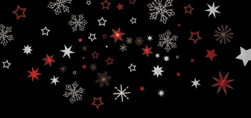 Festive winter background with red and white stars and snowflakes on black. Perfect for Christmas or New Year designs.