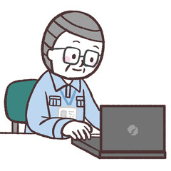 パソコン作業するシニア男性のイラスト
