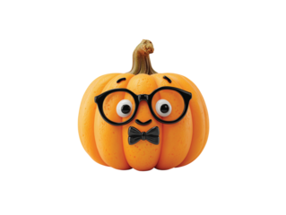 Halloween Pumpkin Character with Glasses and Bowtie isolated on transparent White background png