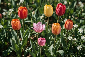 Obraz premium Several tulips alongside a single pink bloom in the garden