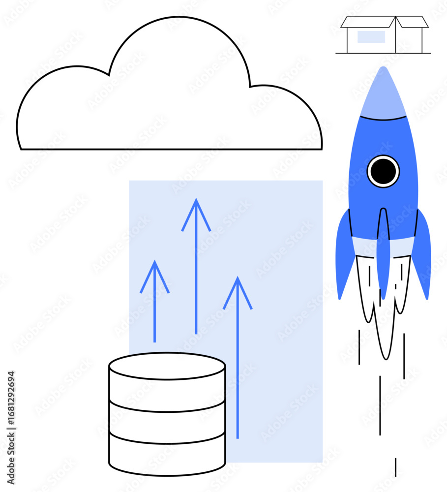 Poster cloud computing linked to data growth with a database, ascending arrows, rocket launch, and store ic