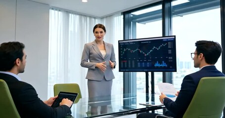 Confident businesswoman presents financial data to colleagues in a modern boardroom with city views. - Powered by Adobe