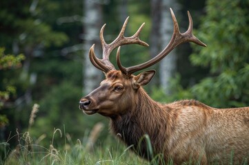 Fototapeta premium Close-up side view of a male elk with large antlers in its natural forest habitat, gazing to the left.