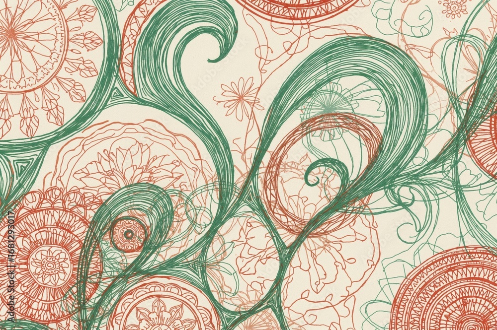 Poster light green and red abstract curves with doodles and zen tangles in a soft artistic style. a fresh d