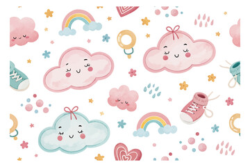 Watercolor baby themed clouds seamless patterns