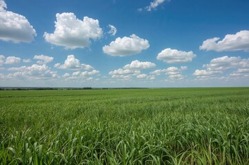 Obraz premium A Verdant Countryside Prairie Scene Featuring Lush Agricultural Land Under a Clear Blue Sky with Fluffy White Clouds Celebrating Global Environmental Awareness