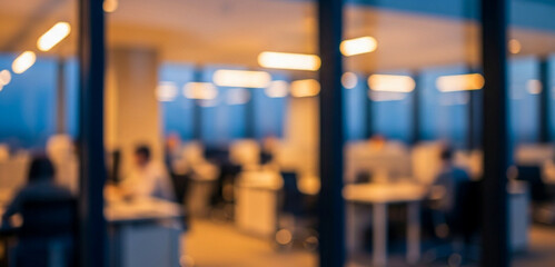 Blurred view of people working at desks inside an office building, creating a modern workplace environment with teamwork, productivity, and collaborative energy.