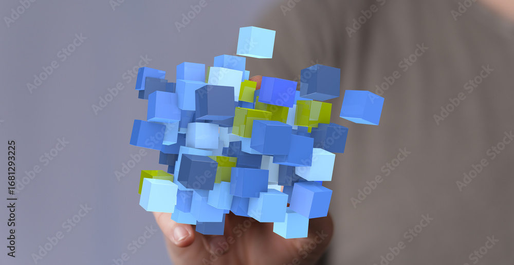 Poster 3d rendering of colorful blocks in a hand. perfect for tech, data, and innovation concepts.