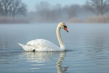 Obraz premium Winter scene with a mute swan (Cygnus olor) gliding on the water