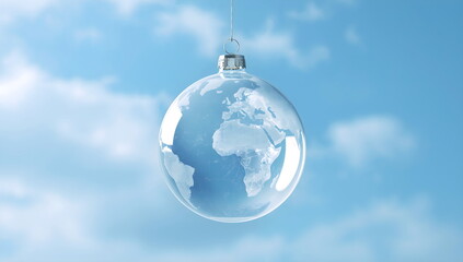 Clean and conceptual stock photo of a glass Christmas ornament with a world map hanging against a blue sky