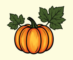 Pumpkin vintage illustration with green leaf