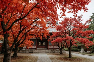 Fototapeta premium Autumn foliage with vivid red maple leaves at historic temples