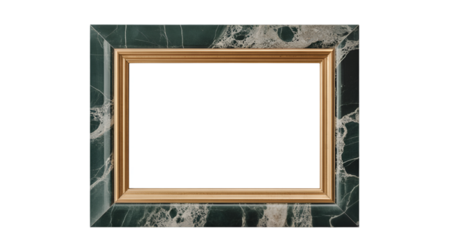 Elegant green marble frame with gold trim isolated on transparent background