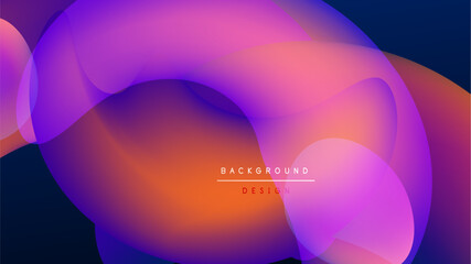 Abstract fluid shapes blend vibrant colors. Pink, purple, orange hues create dynamic background design. Smooth gradients dominate dark space.